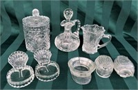 8 PC CLEAR GLASSWARE*DECANTER*CANDY JAR