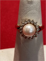 Pink Pearl and white CZ ring. Size 6 1/2.