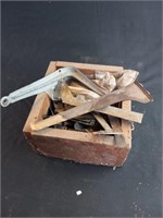 Wood Box Full of Miscellaneous Metal Pieces,