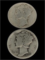 Vintage 10C Mercury Silver Dime Coins - 1936,