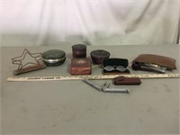 Antique glasses, pipe, camping tool, containers