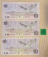 3 - Bank of Canada 1989 $10.00 Bank Notes