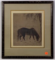 Horse print in faux bamboo frame, 17.5" x 16"