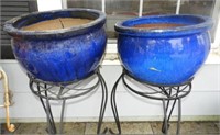 Pair of blue terracotta glazed 15” jardinieres
