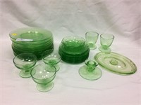 29 Unmatched Green Depression era glass, 11