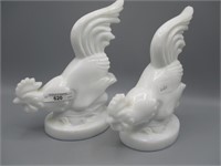 2 milk glass roosters