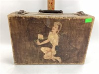 Suitcase wooden pin-up girl on front,, tweed