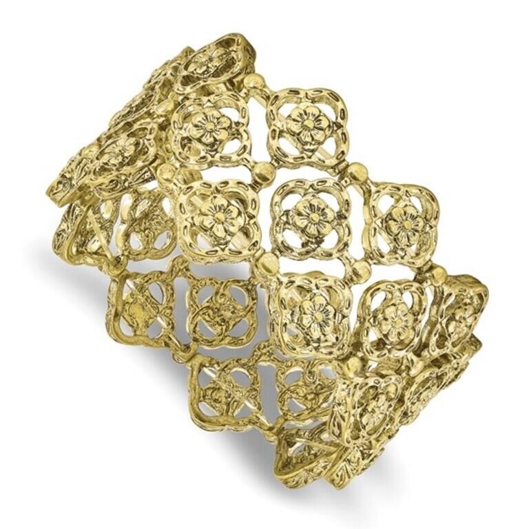 Brass-tone Wide Filigree Floral Pattern Bracelet