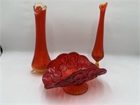 Amberina Swung & Red Glass Vases & Dish