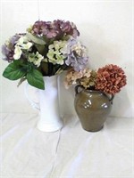 2 large vases with faux flowers 13" and 10"