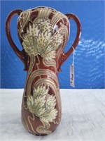 Beautiful Two Handled Brown Vase with Flowers