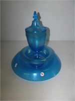 (3) Vintage blue glass pieces including covered