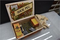 Cigar box w/ Gun Cleaning Items and two .22 Clips
