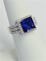 .925 Silver 5.5ct Princess Cut Tanzanite Ring Sz