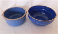 2 vintage blue crock bowls, largest is 8.5" diam.