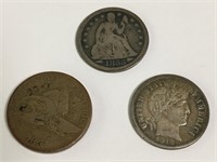 3 Silver Dimes: 1855, 1857, 1916