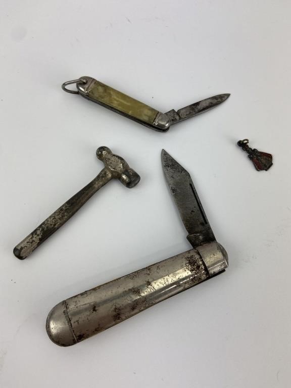 2 Vintage Pocket Knives, Small Hammer & Religious