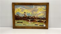 City scape needlepoint in frame. Measures 27x20.
