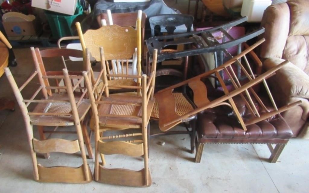 Group of miscellaneous wood chairs, leather top