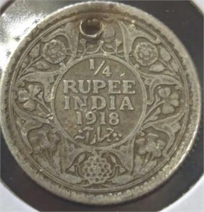 Silver 1918 1/4 rupee Indian coin