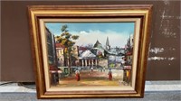 Vintage Framed Oil on Canvas Cityscape Painting