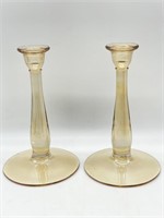 Pair of Light Amber Glass Candlesticks 9.5”