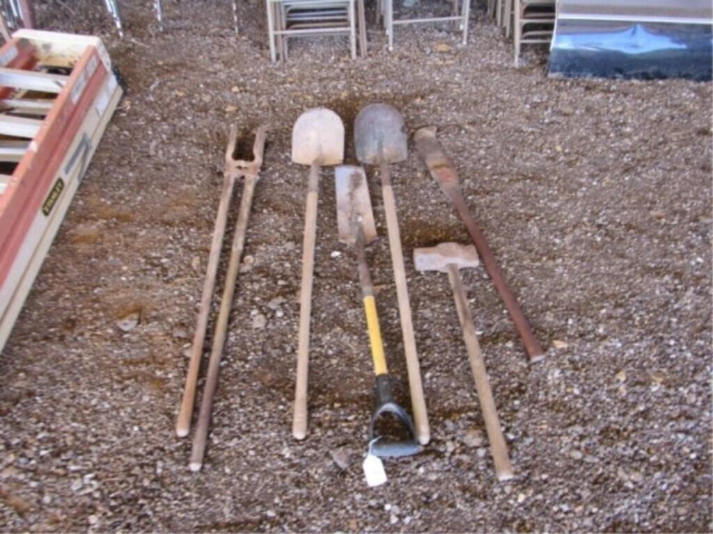 shovels, post hole digger, sledge hammer, blade