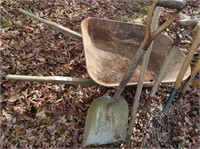 Metal Wheel Barrel with Hay Pitch Forks, Shovel
