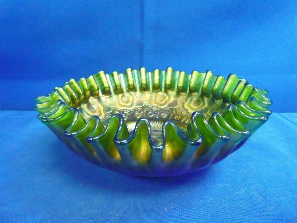 Carnival Glass On Green Ruffled Bowl