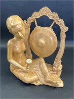 Light Brown Wood Carved Woman and Gong