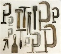 Assorted C Clamps &  Vintage Pick Hammers