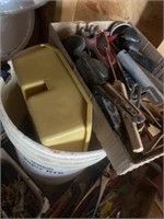 BUCKET WITH TOOL CADDY AND ASSORTED TOOLS