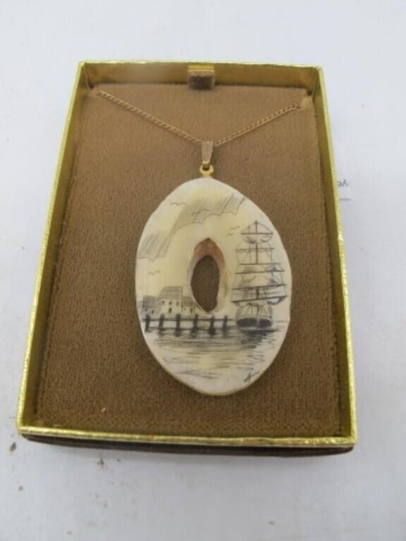 UNIQUE SCRIMSHAW NECKLACE WITH SHIP AND TOWN