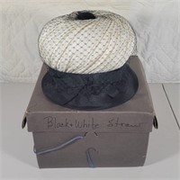 Vintage Women's White & Black Straw Hat & Box