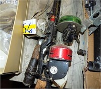 3 OLD FISHING RODS AND REELS ,