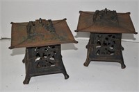 Two Cast Iron Pagoda Patio Candle Holders