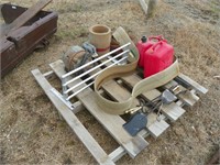 Belting,elec  motor, gas jug, fireplace tools etc
