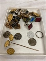 Box with military buttons, cufflinks, watch fob