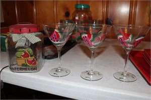 3 Glasses with hand painted watermelons by