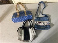 3 purses, brand names shown