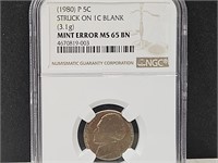 1980 P 5 cent Graded Struck on 1 Cent Blank