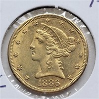 1886 GOLD HALF EAGLE $5 LIBERTY HEAD COIN