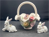 Hand painted basket & small bunnies