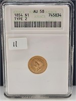 1854 Type 2 $1 Gold ANACS AU58
