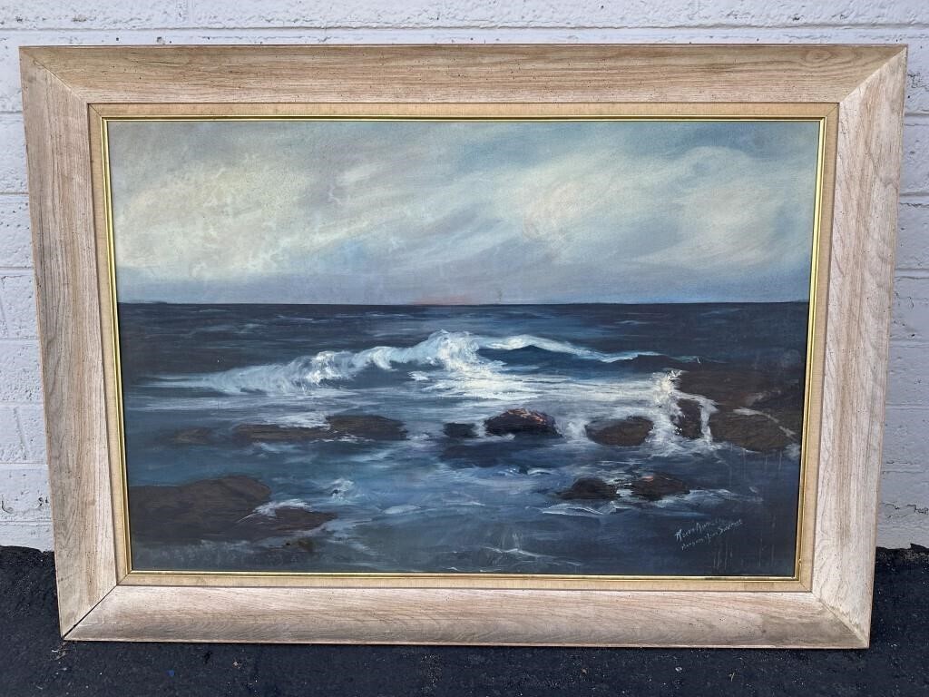 Vintage Framed Crashing Waves Signed Oil Painting