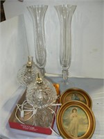 2 GLASS BOUDOIR LAMPS, 2 TALL GLASS VASES, 2 OVAL