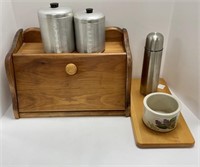 Wooden bread box, aluminum sugar & coffee