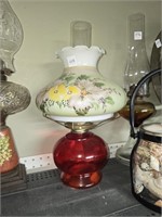 Ruby Red Vtg. Oil Lamp w/Handpainted Shade and