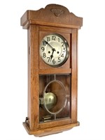 Atq Oak Cased Wall Clock w Pendulum