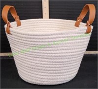 Off White Bin Basket w/ Leather Handles